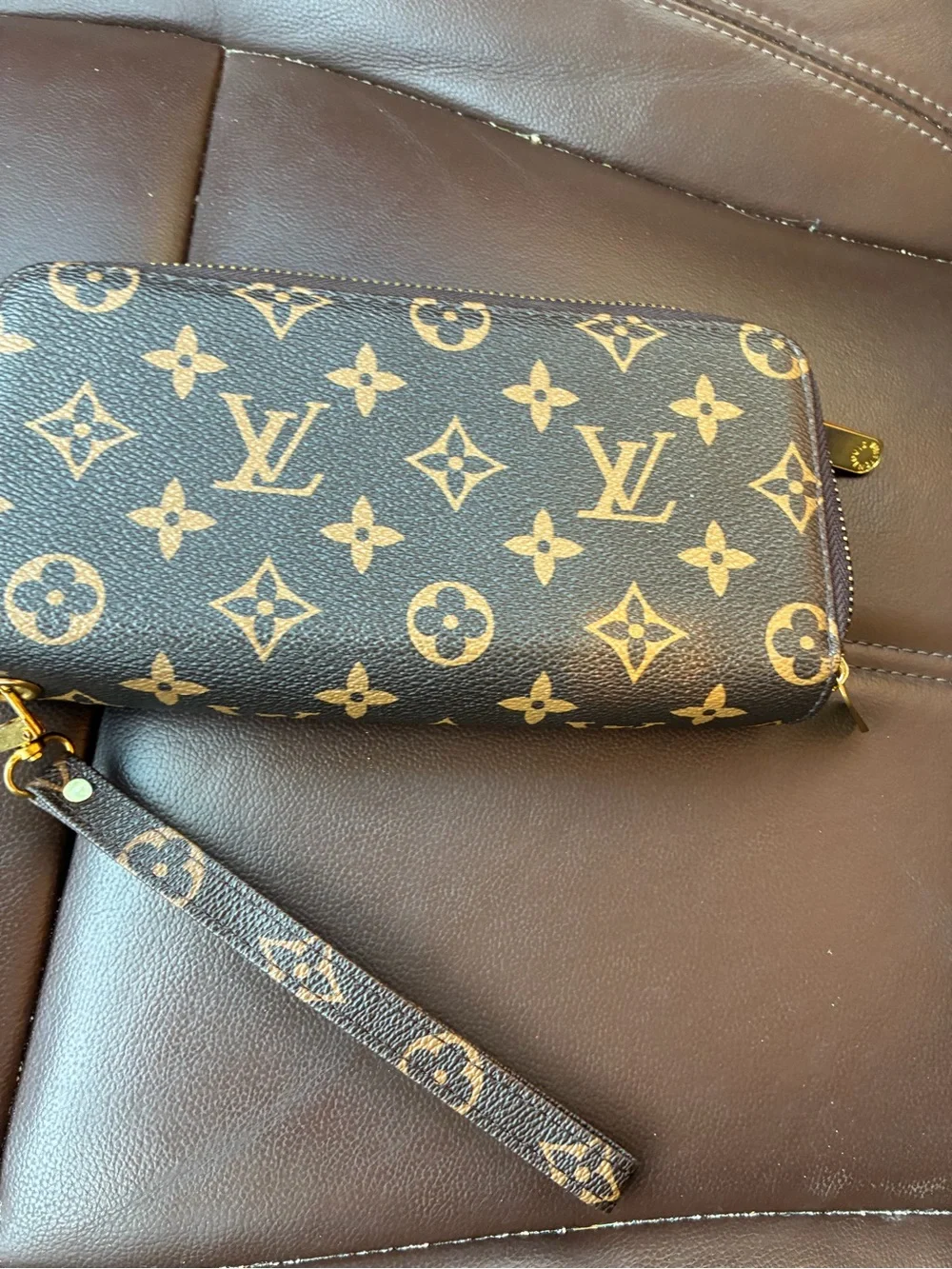 Louis Vuitton Brown Monogram Canvas Wristlet with Tan Monogram